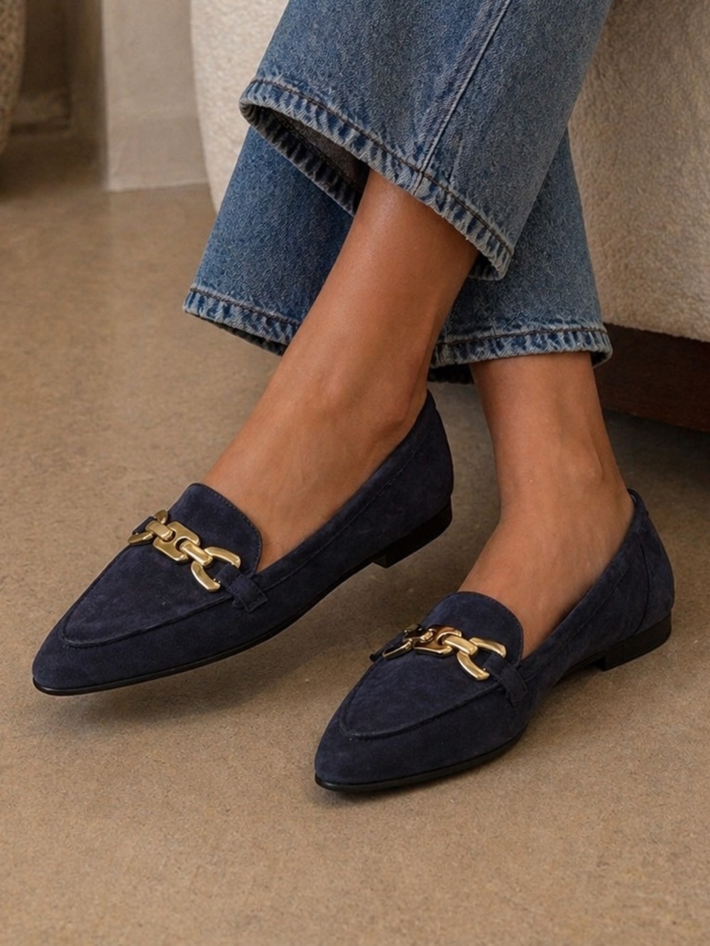 Anne Klein Navy Real Suede Pointed Loafers with Gold Chain